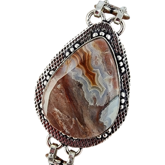 Agate gemstone bracelet silver chunky statement artisan crazy lace agate J30 - Picture 3 of 15